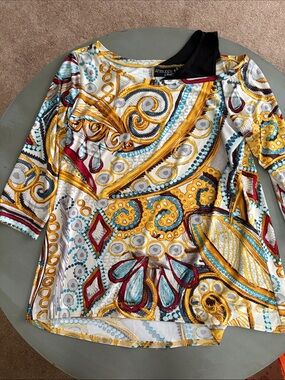 Attitudes by Renee Yellow Multi-Color Scoop Neck Blouse